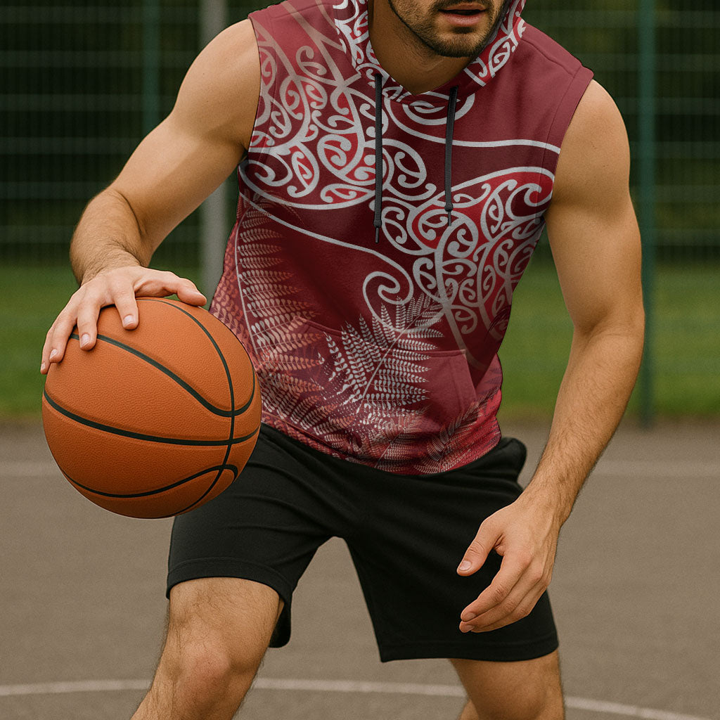 Aotearoa Maori Koru Curves Sleeveless Hoodie Silver Ferns - Crimson Red