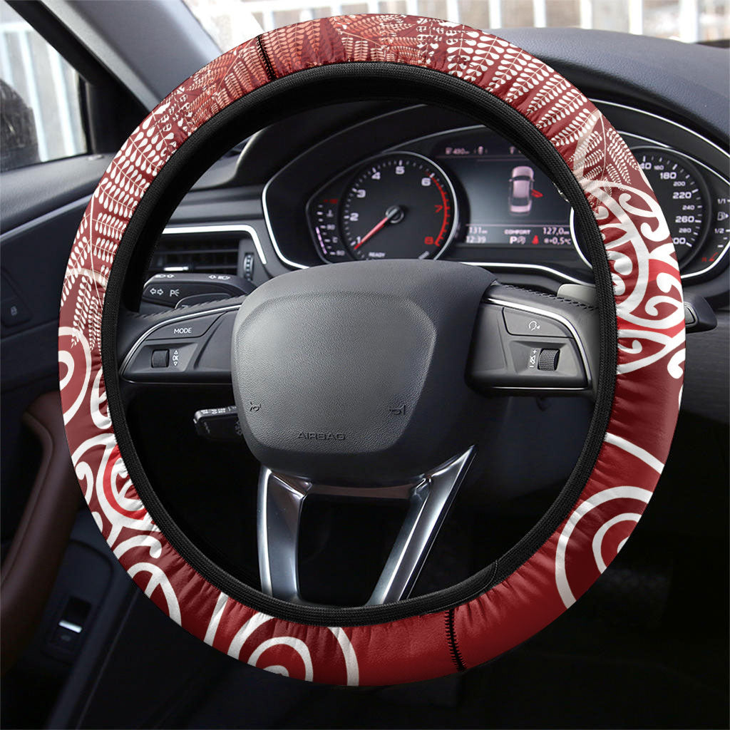 Aotearoa Maori Koru Curves Steering Wheel Cover Silver Ferns - Crimson Red