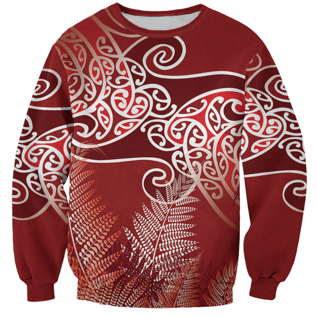 Aotearoa Maori Koru Curves Sweatshirt Silver Ferns - Crimson Red