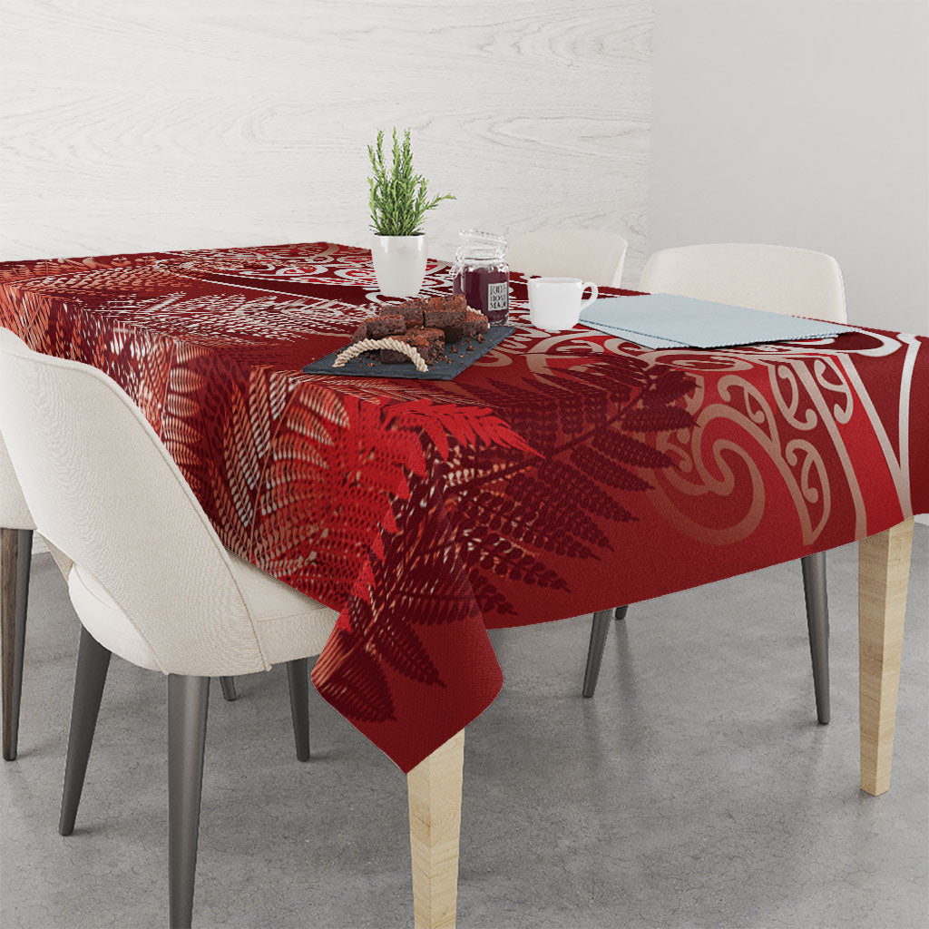 Aotearoa Maori Koru Curves Tablecloth Silver Ferns - Crimson Red