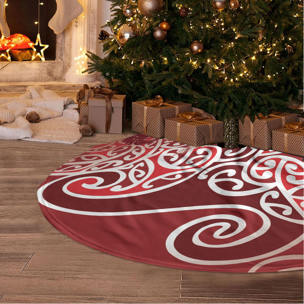 Aotearoa Maori Koru Curves Tree Skirt Silver Ferns - Crimson Red