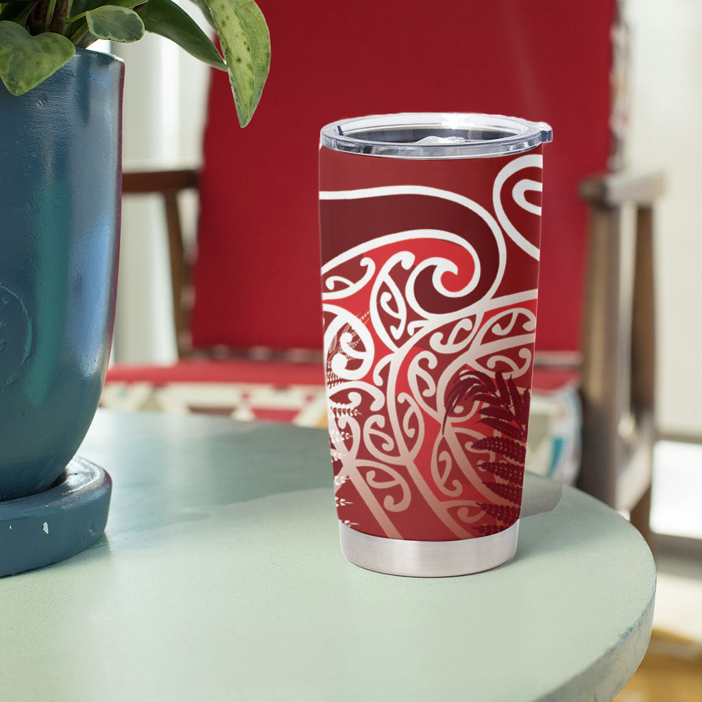 Aotearoa Maori Koru Curves Tumbler Cup Silver Ferns - Crimson Red