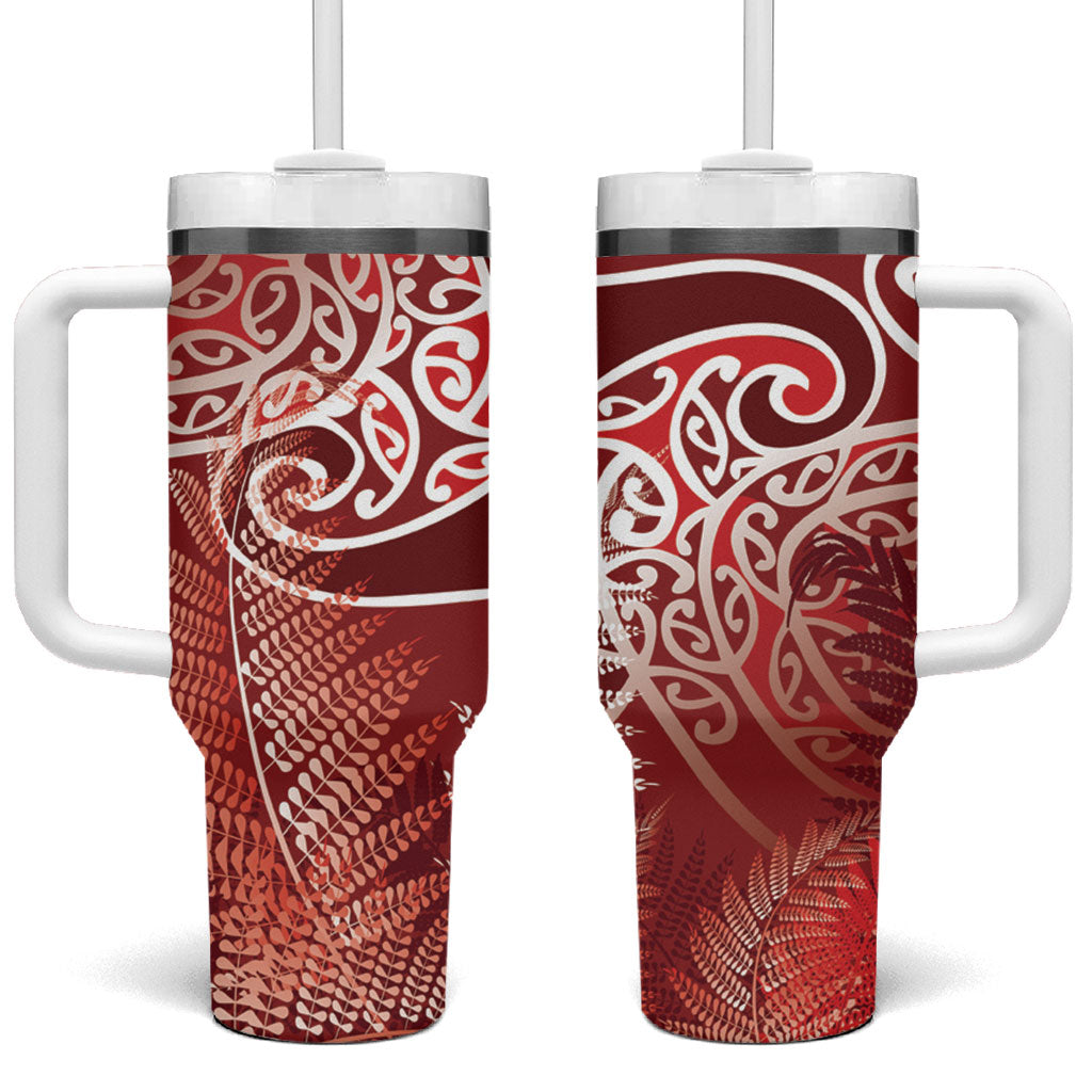 Aotearoa Maori Koru Curves Tumbler With Handle Silver Ferns - Crimson Red