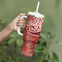 Aotearoa Maori Koru Curves Tumbler With Handle Silver Ferns - Crimson Red