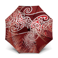 Aotearoa Maori Koru Curves Umbrella Silver Ferns - Crimson Red
