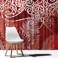 Aotearoa Maori Koru Curves Window Curtain Silver Ferns - Crimson Red
