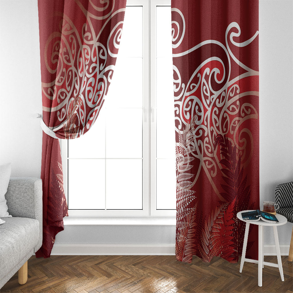 Aotearoa Maori Koru Curves Window Curtain Silver Ferns - Crimson Red