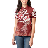 Aotearoa Maori Koru Curves Women Polo Shirt Silver Ferns - Crimson Red