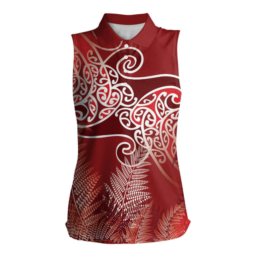 Aotearoa Maori Koru Curves Women Sleeveless Polo Shirt Silver Ferns - Crimson Red