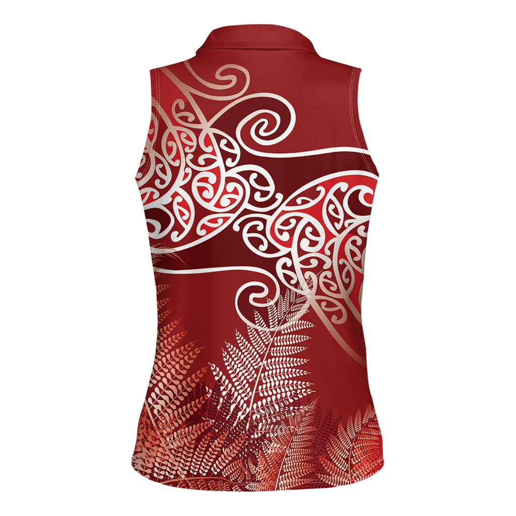 Aotearoa Maori Koru Curves Women Sleeveless Polo Shirt Silver Ferns - Crimson Red