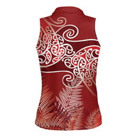Aotearoa Maori Koru Curves Women Sleeveless Polo Shirt Silver Ferns - Crimson Red