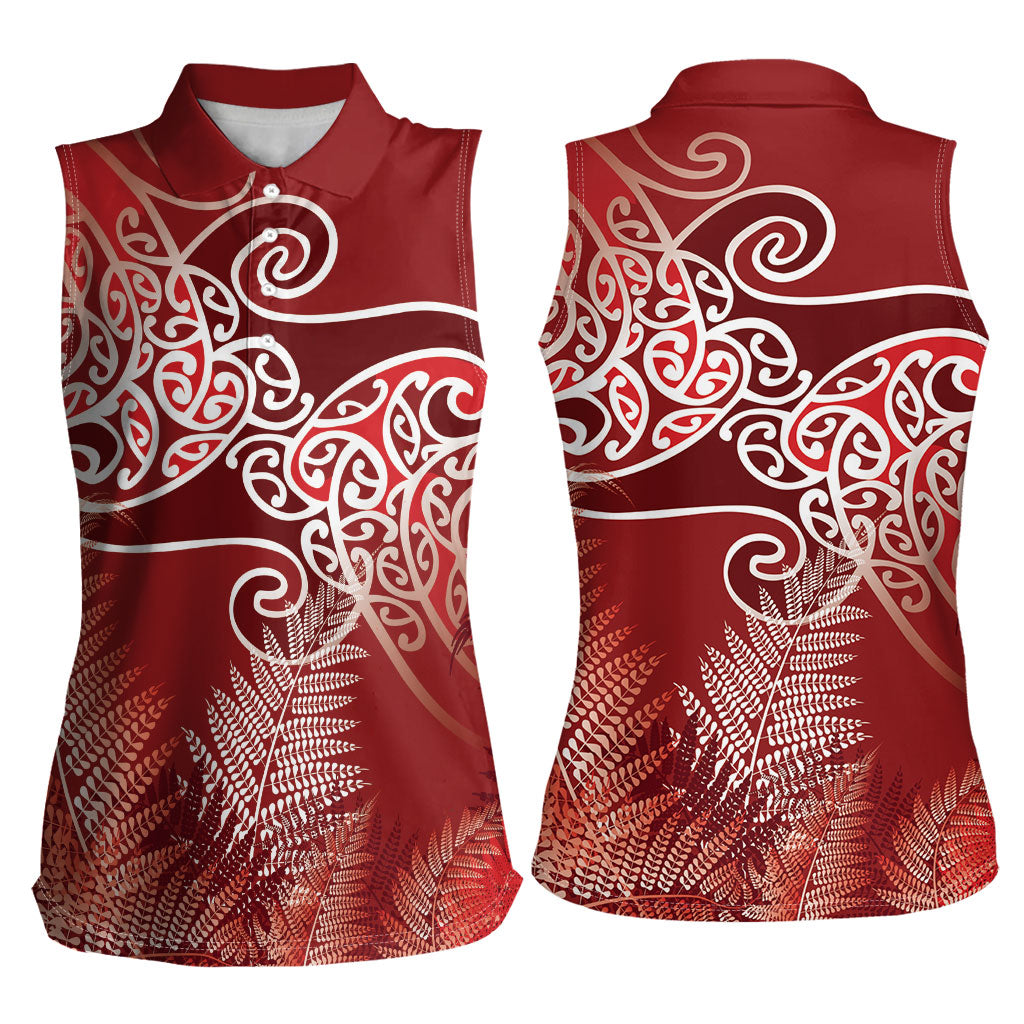 Aotearoa Maori Koru Curves Women Sleeveless Polo Shirt Silver Ferns - Crimson Red