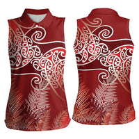 Aotearoa Maori Koru Curves Women Sleeveless Polo Shirt Silver Ferns - Crimson Red