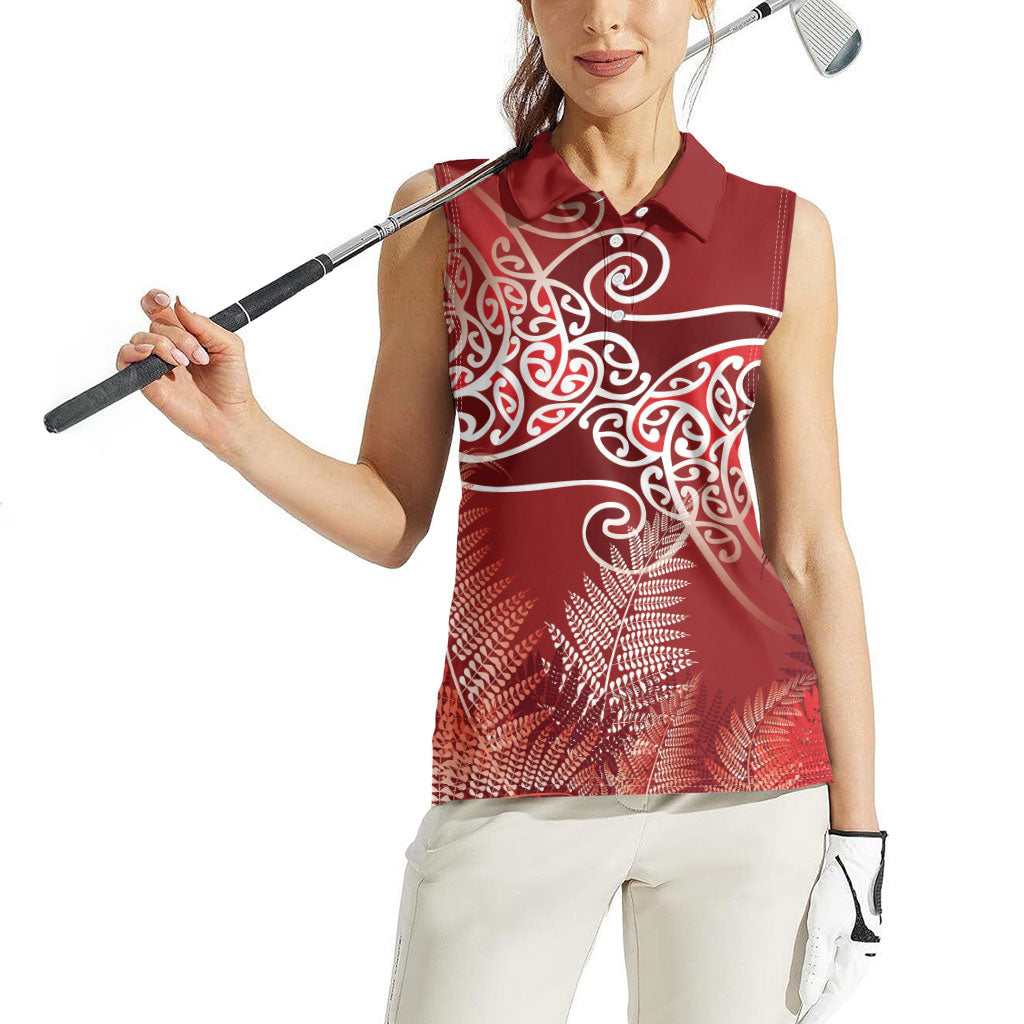 Aotearoa Maori Koru Curves Women Sleeveless Polo Shirt Silver Ferns - Crimson Red