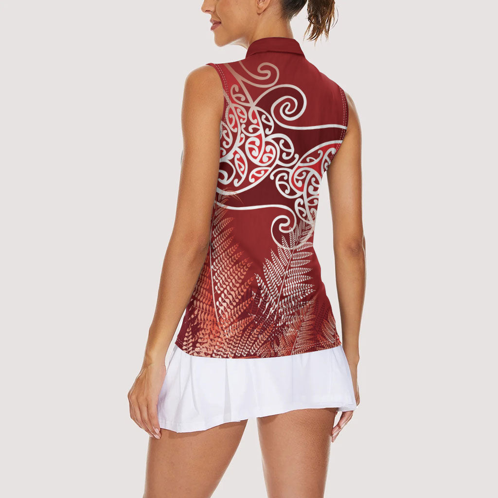 Aotearoa Maori Koru Curves Women Sleeveless Polo Shirt Silver Ferns - Crimson Red