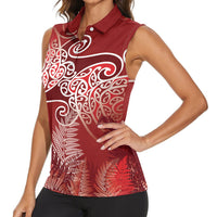 Aotearoa Maori Koru Curves Women Sleeveless Polo Shirt Silver Ferns - Crimson Red