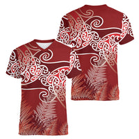 Aotearoa Maori Koru Curves Women V-Neck T-Shirt Silver Ferns - Crimson Red
