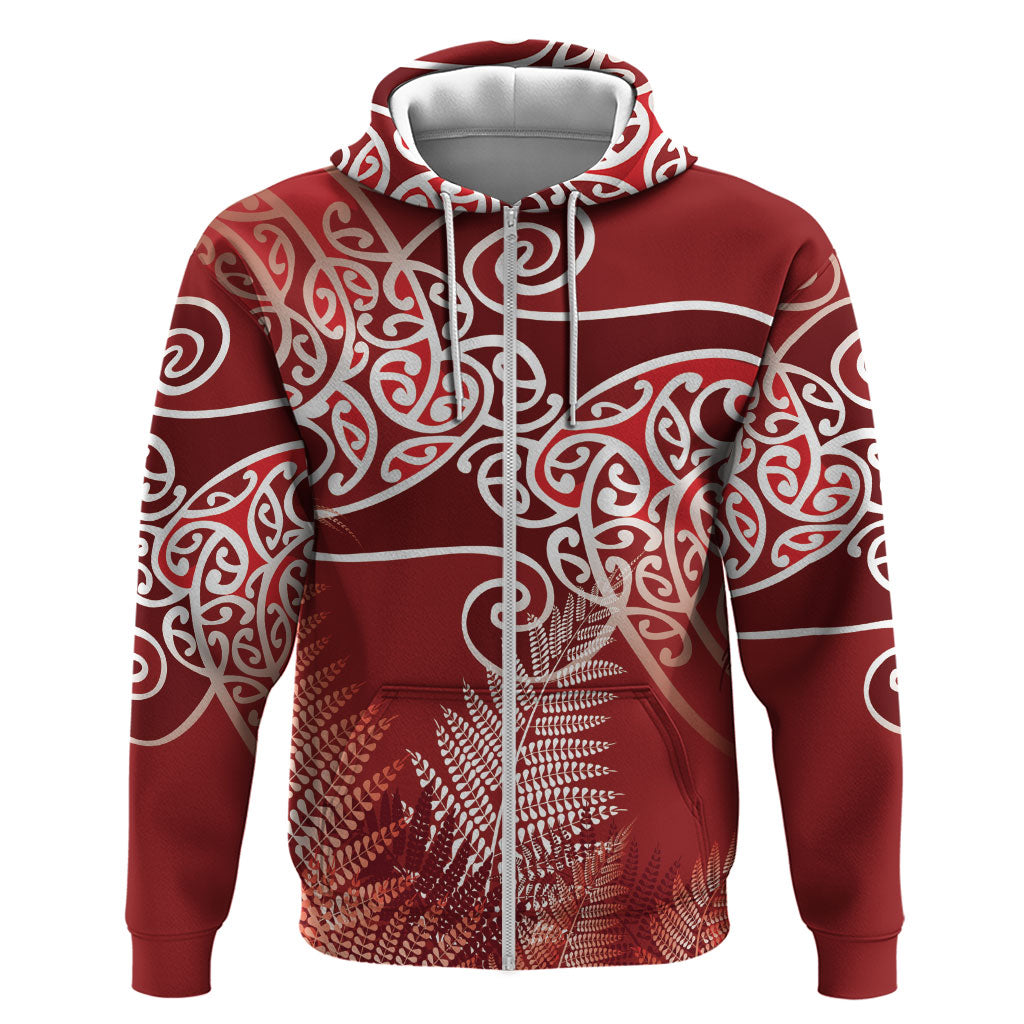Aotearoa Maori Koru Curves Zip Hoodie Silver Ferns - Crimson Red