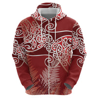 Aotearoa Maori Koru Curves Zip Hoodie Silver Ferns - Crimson Red