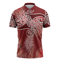 Aotearoa Maori Koru Curves Zipper Polo Shirt Silver Ferns - Crimson Red
