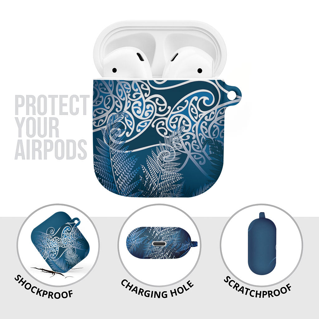 Aotearoa Maori Koru Curves AirPods Case Silver Ferns - Navy Blue