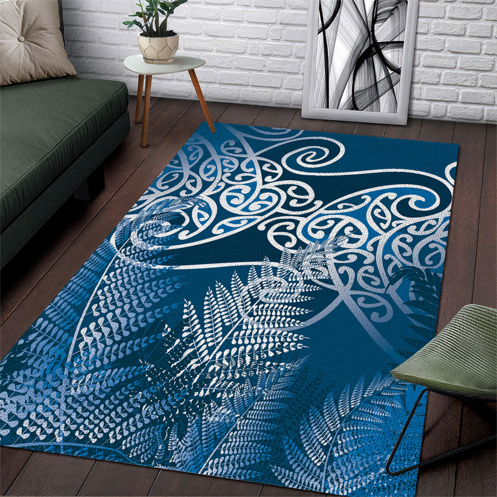 Aotearoa Maori Koru Curves Area Rug Silver Ferns - Navy Blue