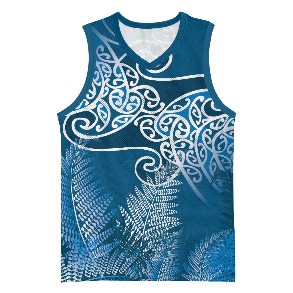 Aotearoa Maori Koru Curves Basketball Jersey Silver Ferns - Navy Blue