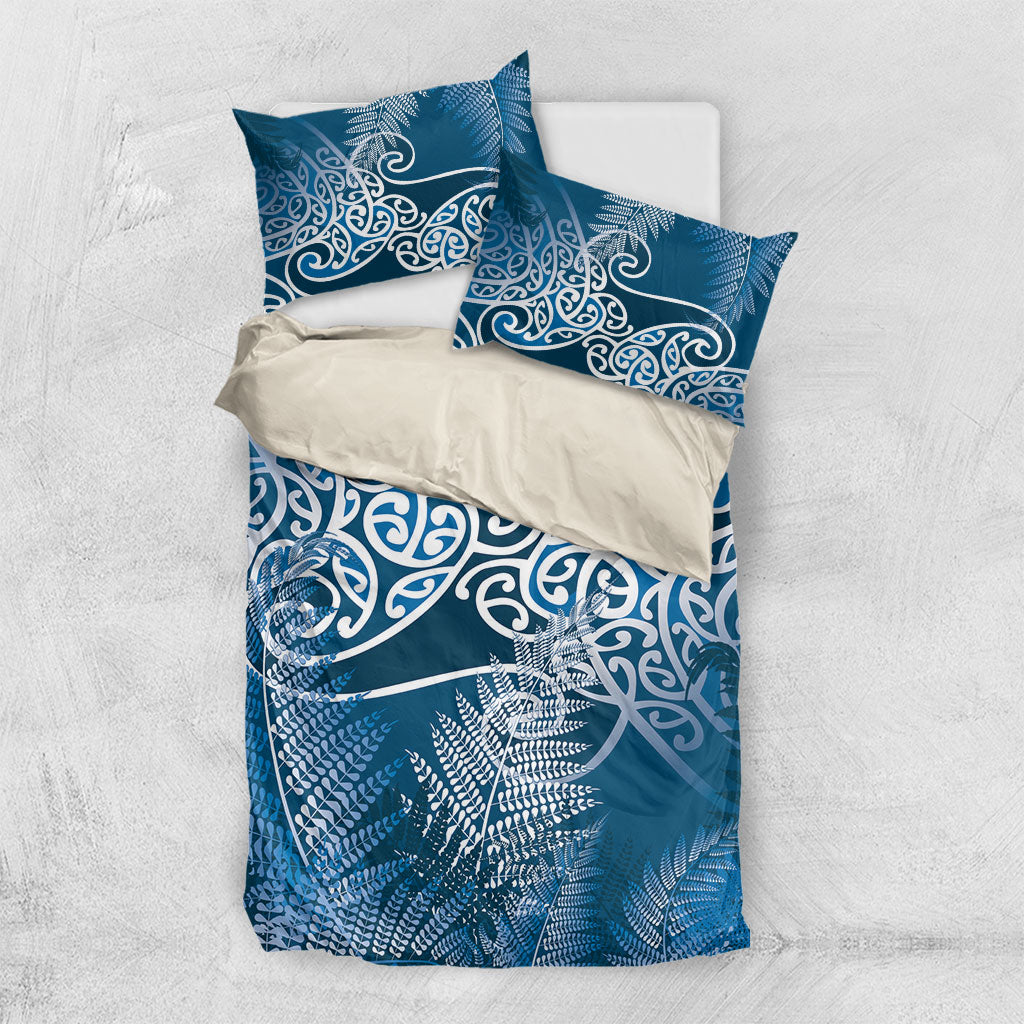 Aotearoa Maori Koru Curves Bedding Set Silver Ferns - Navy Blue