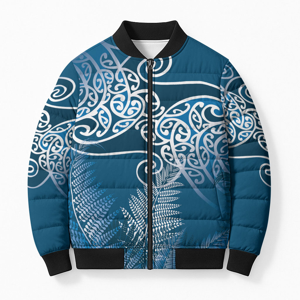 Aotearoa Maori Koru Curves Bomber Puffer Jacket Silver Ferns - Navy Blue