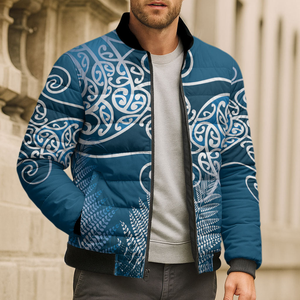 Aotearoa Maori Koru Curves Bomber Puffer Jacket Silver Ferns - Navy Blue
