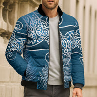 Aotearoa Maori Koru Curves Bomber Puffer Jacket Silver Ferns - Navy Blue