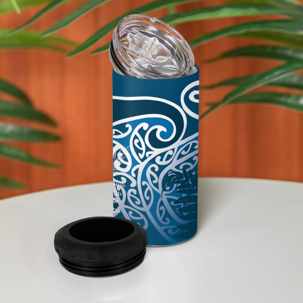 Aotearoa Maori Koru Curves 4 in 1 Can Cooler Tumbler Silver Ferns - Navy Blue