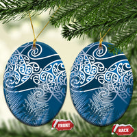 Aotearoa Maori Koru Curves Ceramic Ornament Silver Ferns - Navy Blue