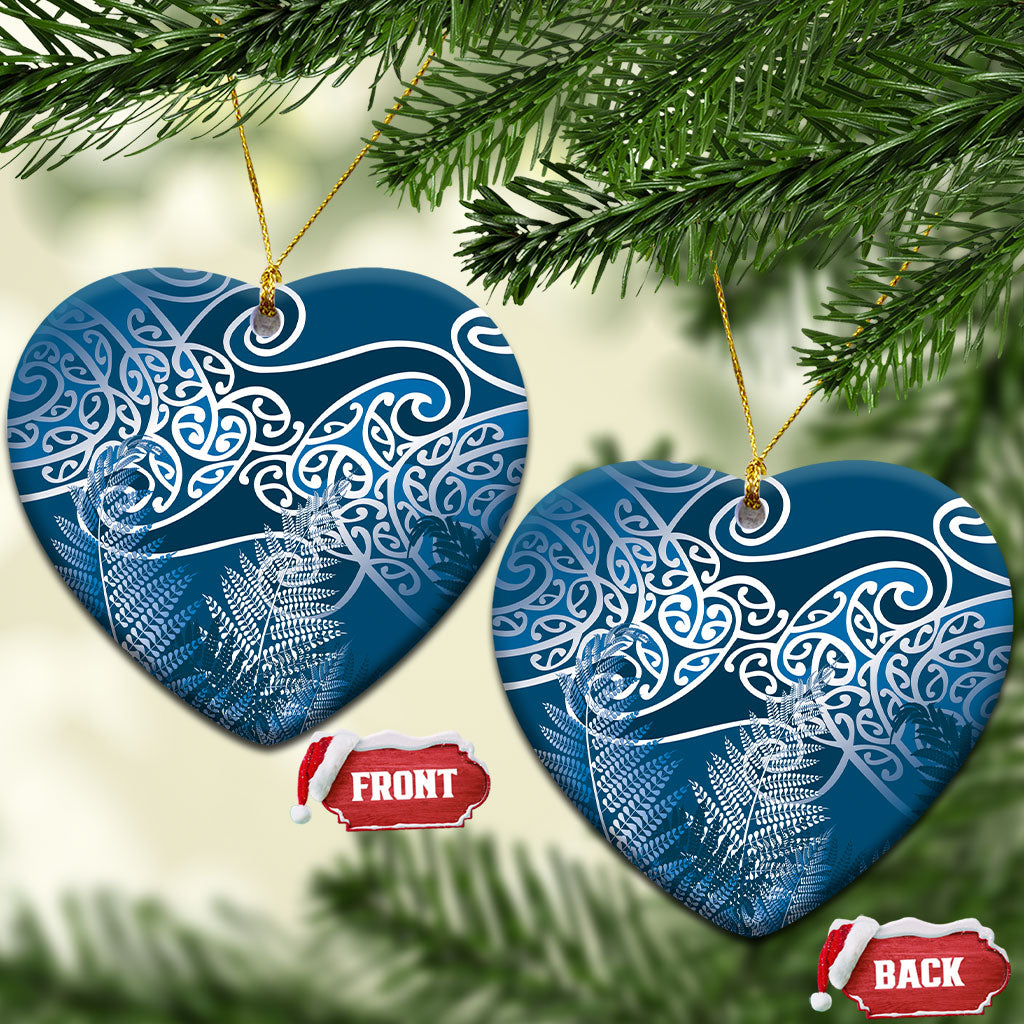 Aotearoa Maori Koru Curves Ceramic Ornament Silver Ferns - Navy Blue