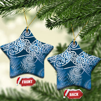 Aotearoa Maori Koru Curves Ceramic Ornament Silver Ferns - Navy Blue