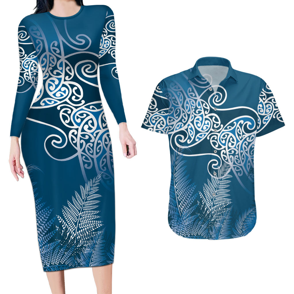 Aotearoa Maori Koru Curves Couples Matching Long Sleeve Bodycon Dress and Hawaiian Shirt Silver Ferns - Navy Blue