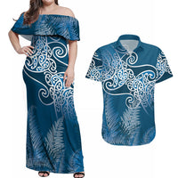 Aotearoa Maori Koru Curves Couples Matching Off Shoulder Maxi Dress and Hawaiian Shirt Silver Ferns - Navy Blue LT7 Navy Blue - Polynesian Pride