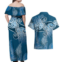 Aotearoa Maori Koru Curves Couples Matching Off Shoulder Maxi Dress and Hawaiian Shirt Silver Ferns - Navy Blue LT7 - Polynesian Pride