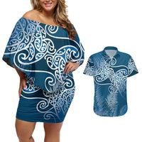 Aotearoa Maori Koru Curves Couples Matching Off Shoulder Short Dress and Hawaiian Shirt Silver Ferns - Navy Blue LT7 Navy Blue - Polynesian Pride