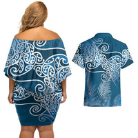 Aotearoa Maori Koru Curves Couples Matching Off Shoulder Short Dress and Hawaiian Shirt Silver Ferns - Navy Blue LT7 - Polynesian Pride