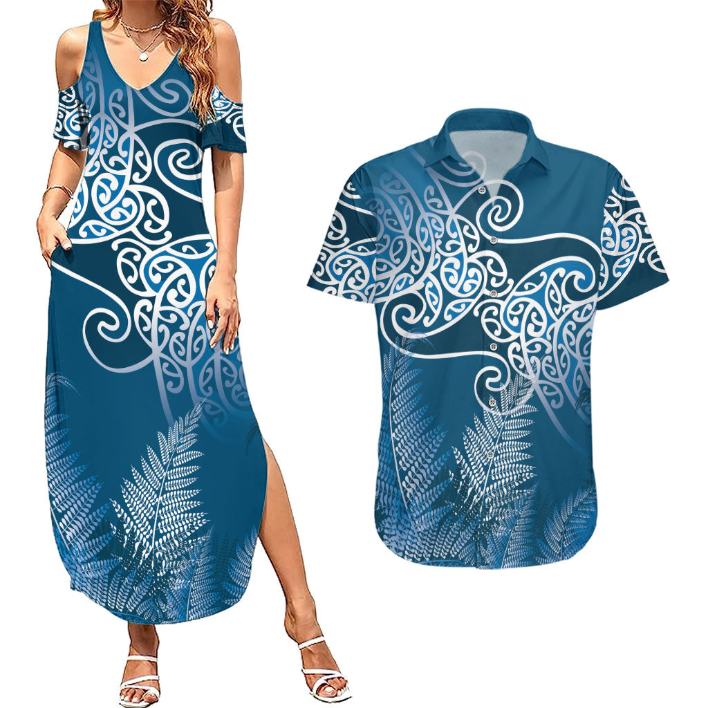 Aotearoa Maori Koru Curves Couples Matching Summer Maxi Dress and Hawaiian Shirt Silver Ferns - Navy Blue