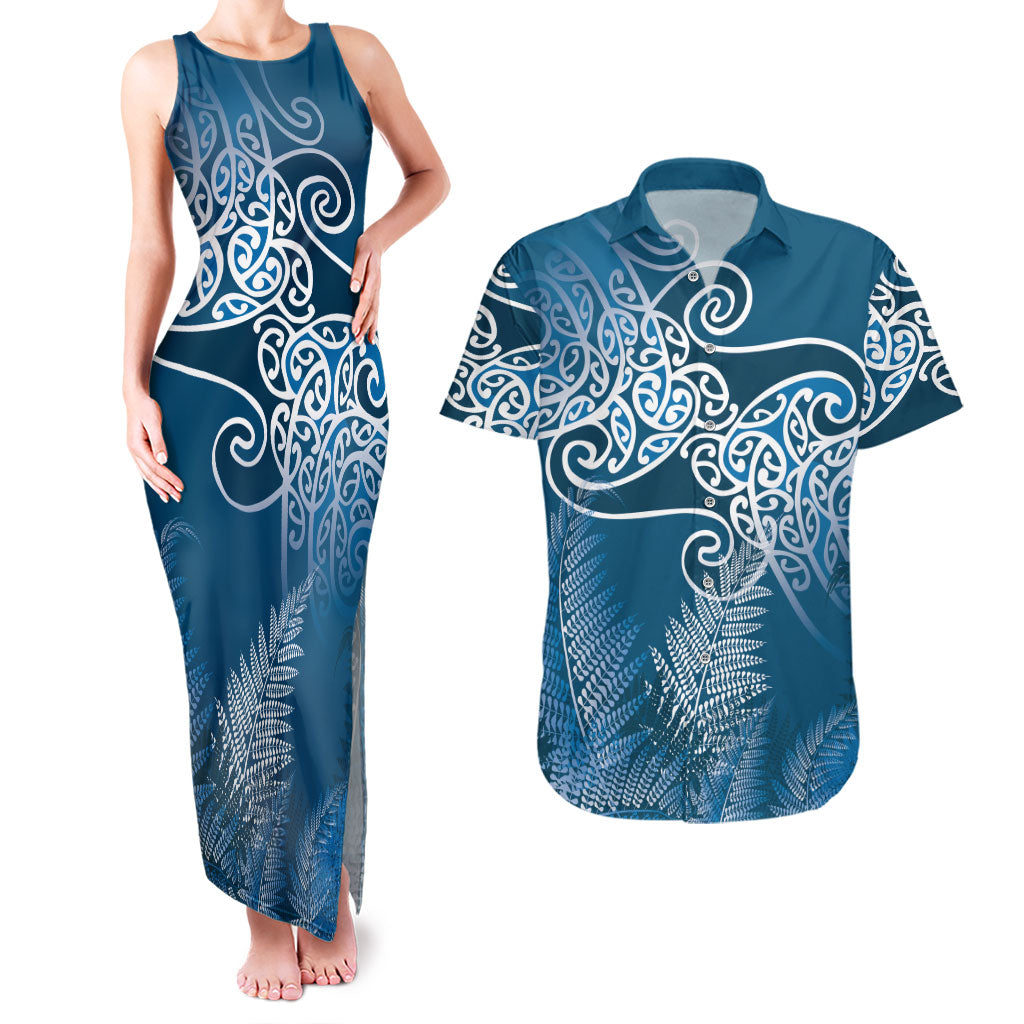 Aotearoa Maori Koru Curves Couples Matching Tank Maxi Dress and Hawaiian Shirt Silver Ferns - Navy Blue