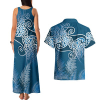 Aotearoa Maori Koru Curves Couples Matching Tank Maxi Dress and Hawaiian Shirt Silver Ferns - Navy Blue