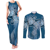 Aotearoa Maori Koru Curves Couples Matching Tank Maxi Dress and Long Sleeve Button Shirt Silver Ferns - Navy Blue