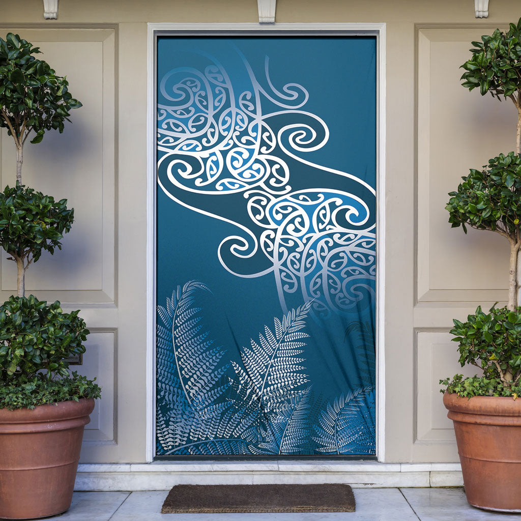 Aotearoa Maori Koru Curves Door Cover Silver Ferns - Navy Blue