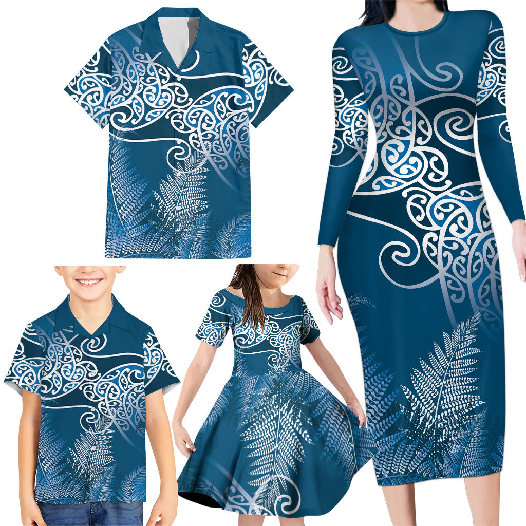 Aotearoa Maori Koru Curves Family Matching Long Sleeve Bodycon Dress and Hawaiian Shirt Silver Ferns - Navy Blue LT7 - Polynesian Pride