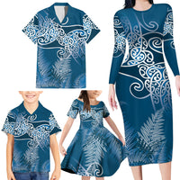 Aotearoa Maori Koru Curves Family Matching Long Sleeve Bodycon Dress and Hawaiian Shirt Silver Ferns - Navy Blue LT7 - Polynesian Pride