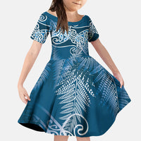 Aotearoa Maori Koru Curves Family Matching Mermaid Dress and Hawaiian Shirt Silver Ferns - Navy Blue LT7 Daughter's Dress Navy Blue - Polynesian Pride