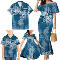 Aotearoa Maori Koru Curves Family Matching Mermaid Dress and Hawaiian Shirt Silver Ferns - Navy Blue LT7 - Polynesian Pride