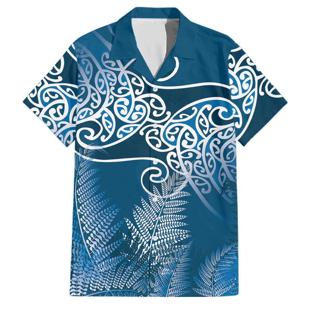 Aotearoa Maori Koru Curves Family Matching Mermaid Dress and Hawaiian Shirt Silver Ferns - Navy Blue LT7 Dad's Shirt - Short Sleeve Navy Blue - Polynesian Pride